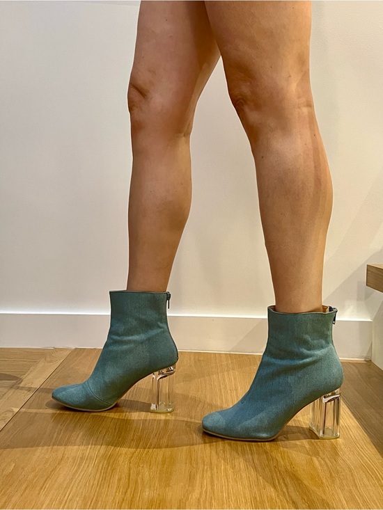 Forever 21 Shoes - Forever 21 Teal Sock Ankle Boots with Clear Block Heel. Size 8